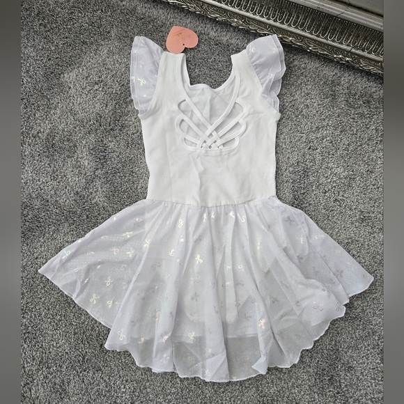 MdnMd Bow Print Girls Ruffle Sleeve Ballet Dance Dress Tutu Skirted Leotard. Whi - Picture 2 of 10